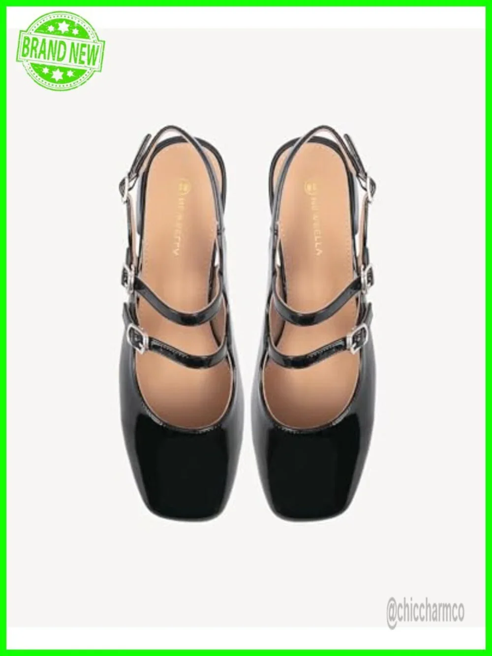 Women's Square Toe Block Heel Slingback Pumps Double Ankle Strap Patent Leather